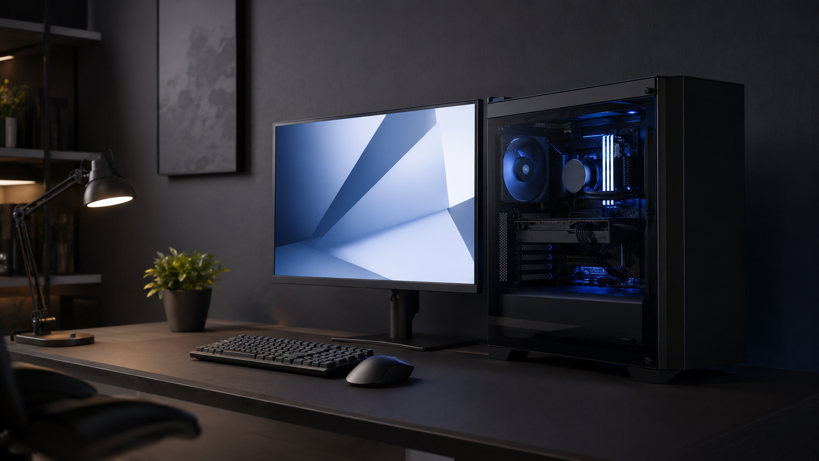 Setup gamer profissional com iluminação azul discreta