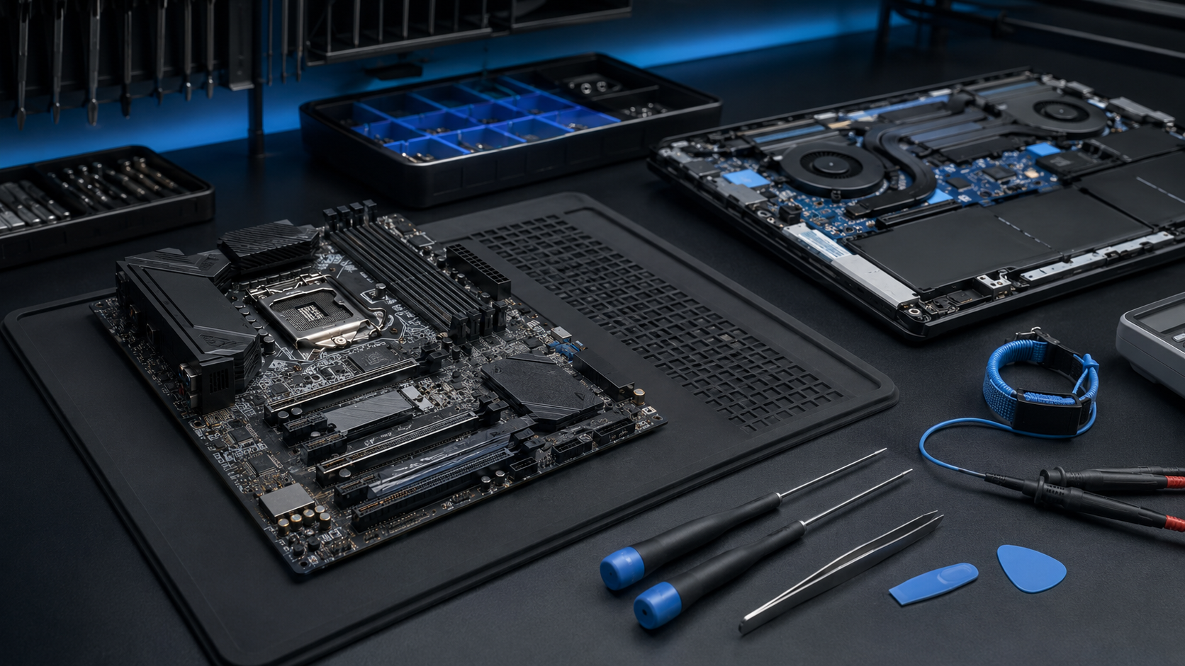 Bancada profissional para diagnóstico de computadores e notebooks