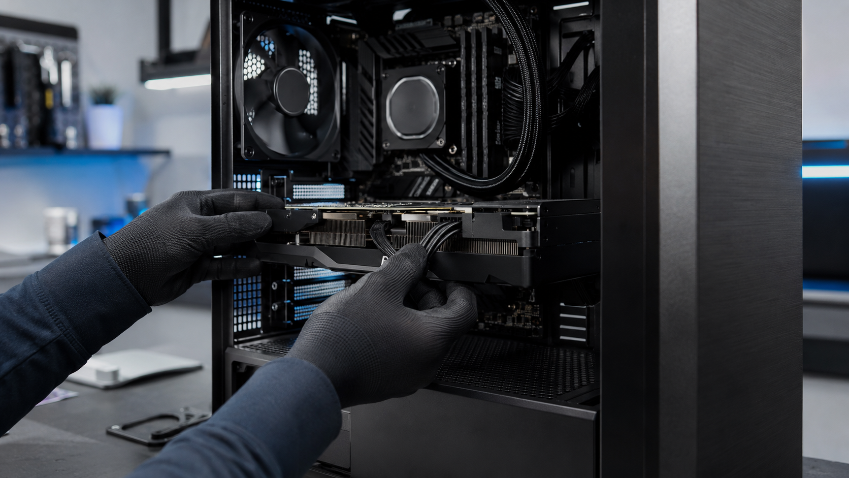 Montagem profissional de computador em gabinete moderno