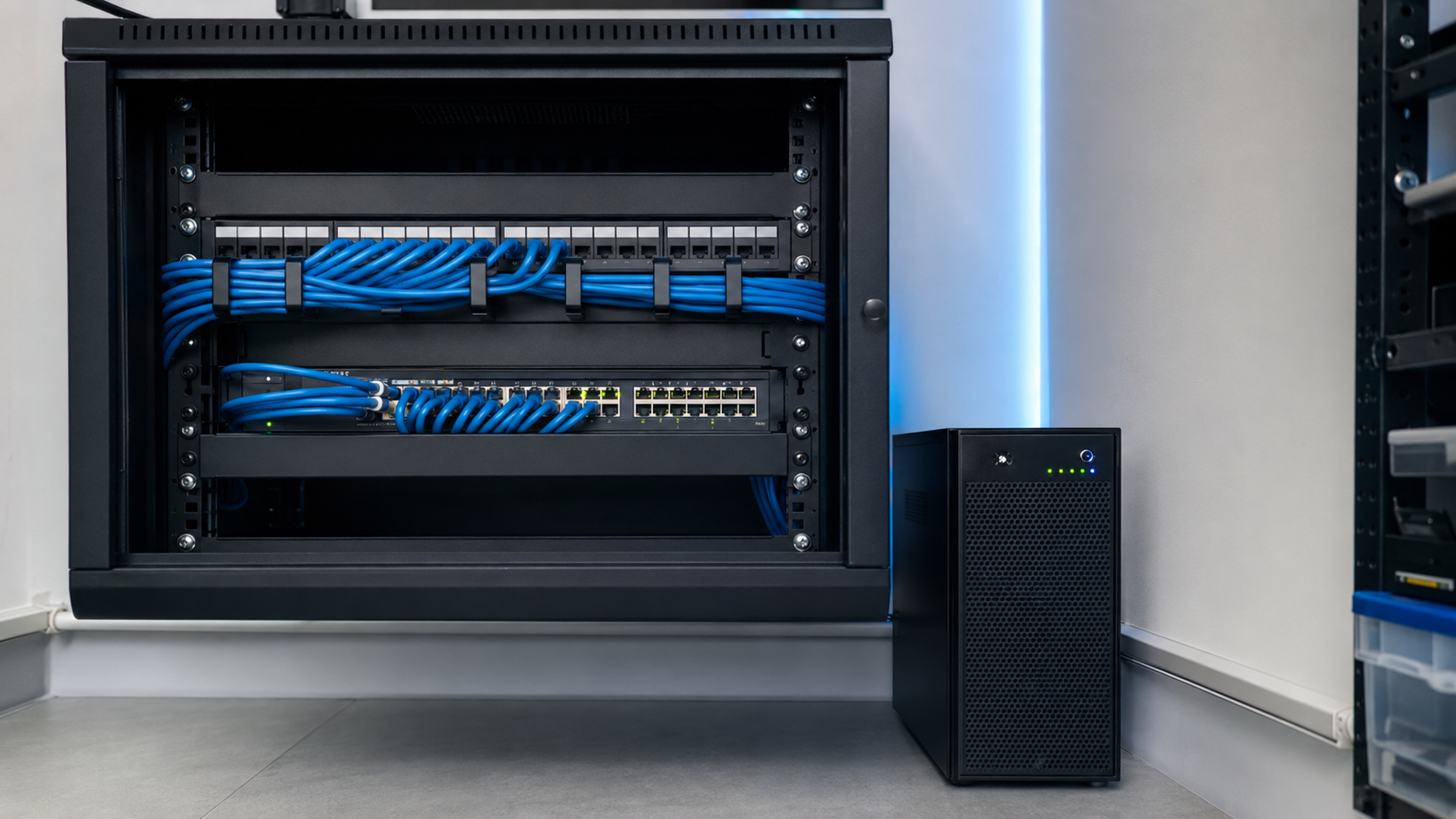 Rack compacto com servidor e cabeamento de rede organizado